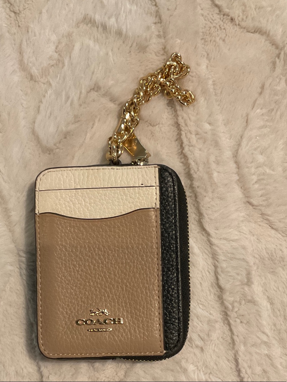 Coach Tricolor Pebbled Leather Card Case with Gold Chain